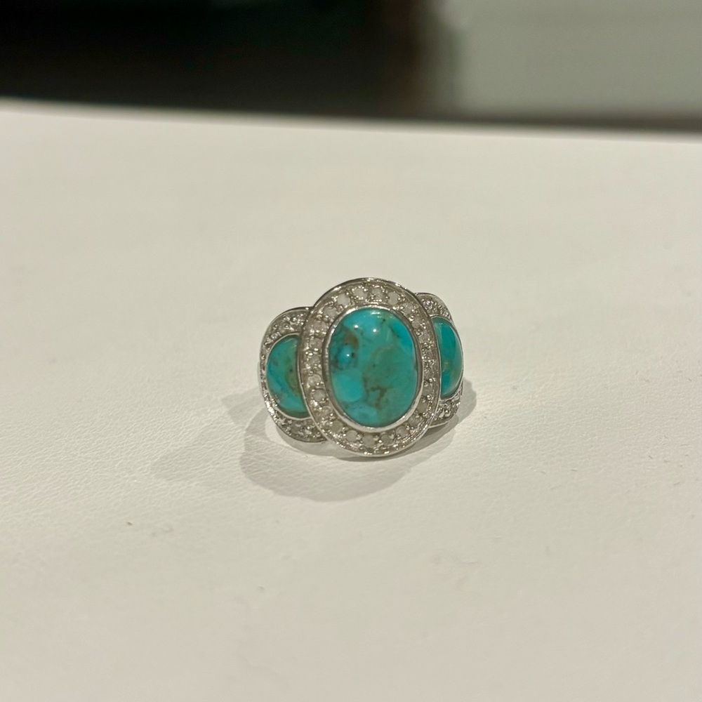 Silver cubic zirconia and turquoise statement ring
